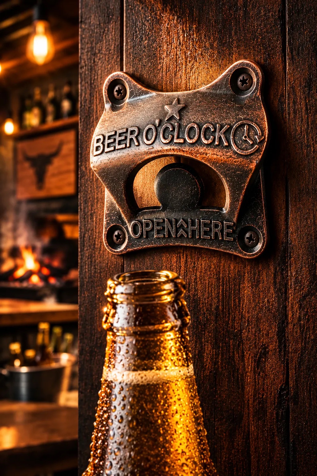 Copper-finish Beer O'Clock wall opener screwed to a wooden post, with a cold beer below and a braai fire behind
