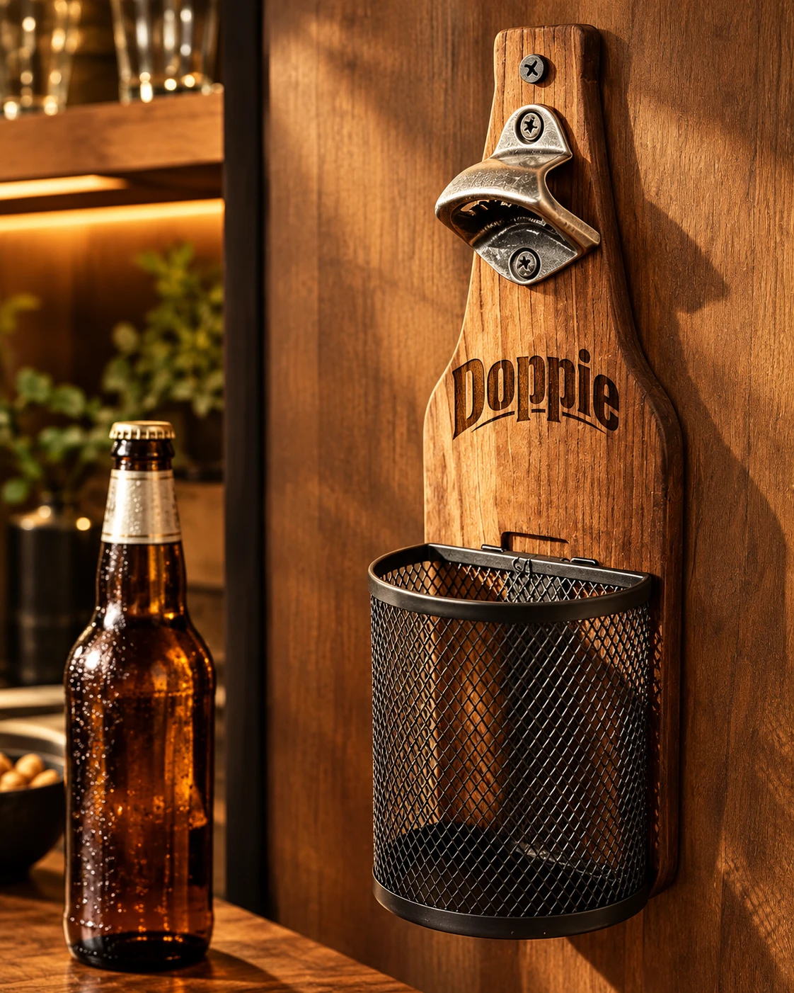 The Doppie wooden wall-mounted bottle opener with Doppie engraved on the board and a mesh cap basket underneath, next to a cold beer