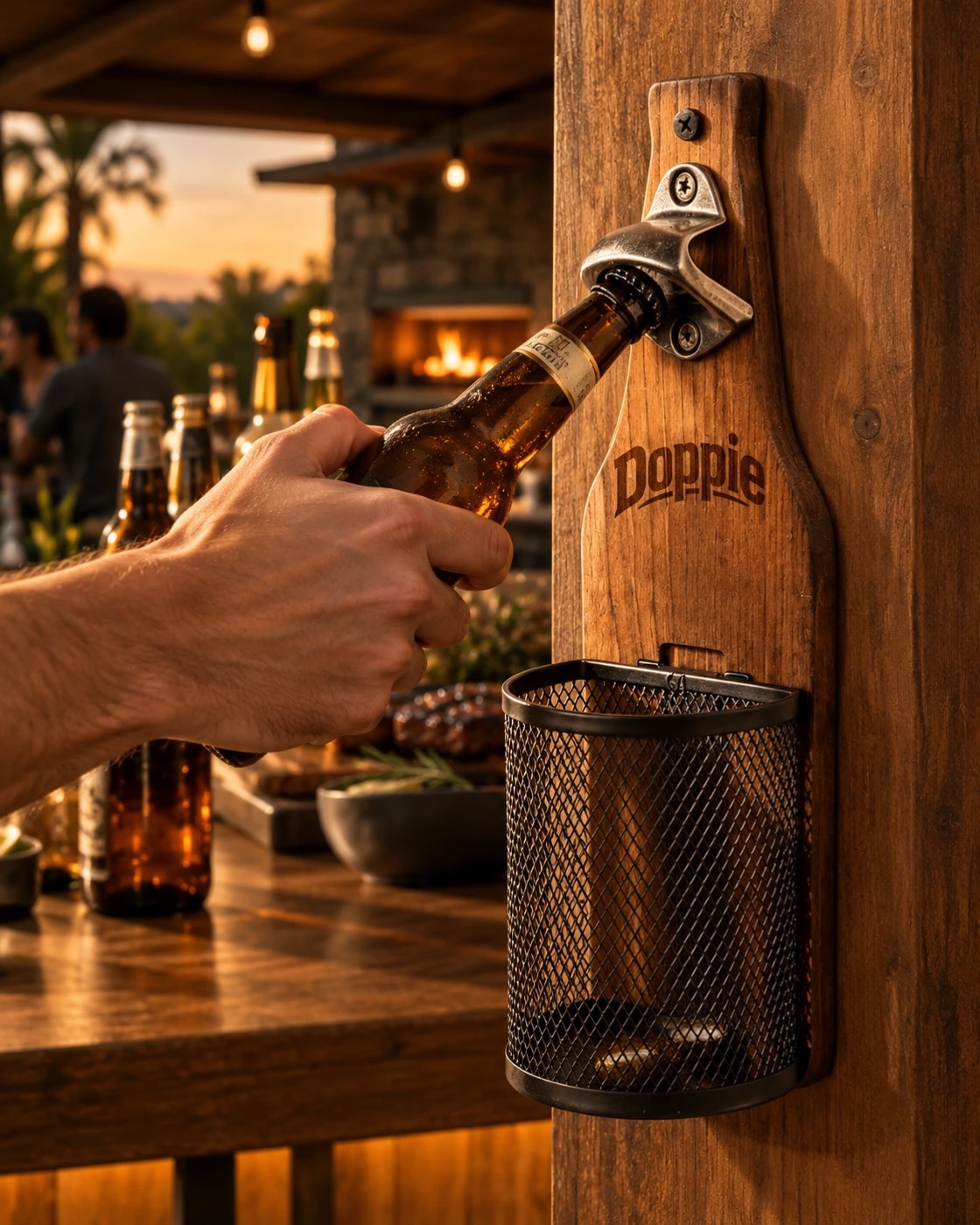 A hand opening a cold beer on the Doppie wall opener at an outdoor braai, with caps collected in the mesh basket below
