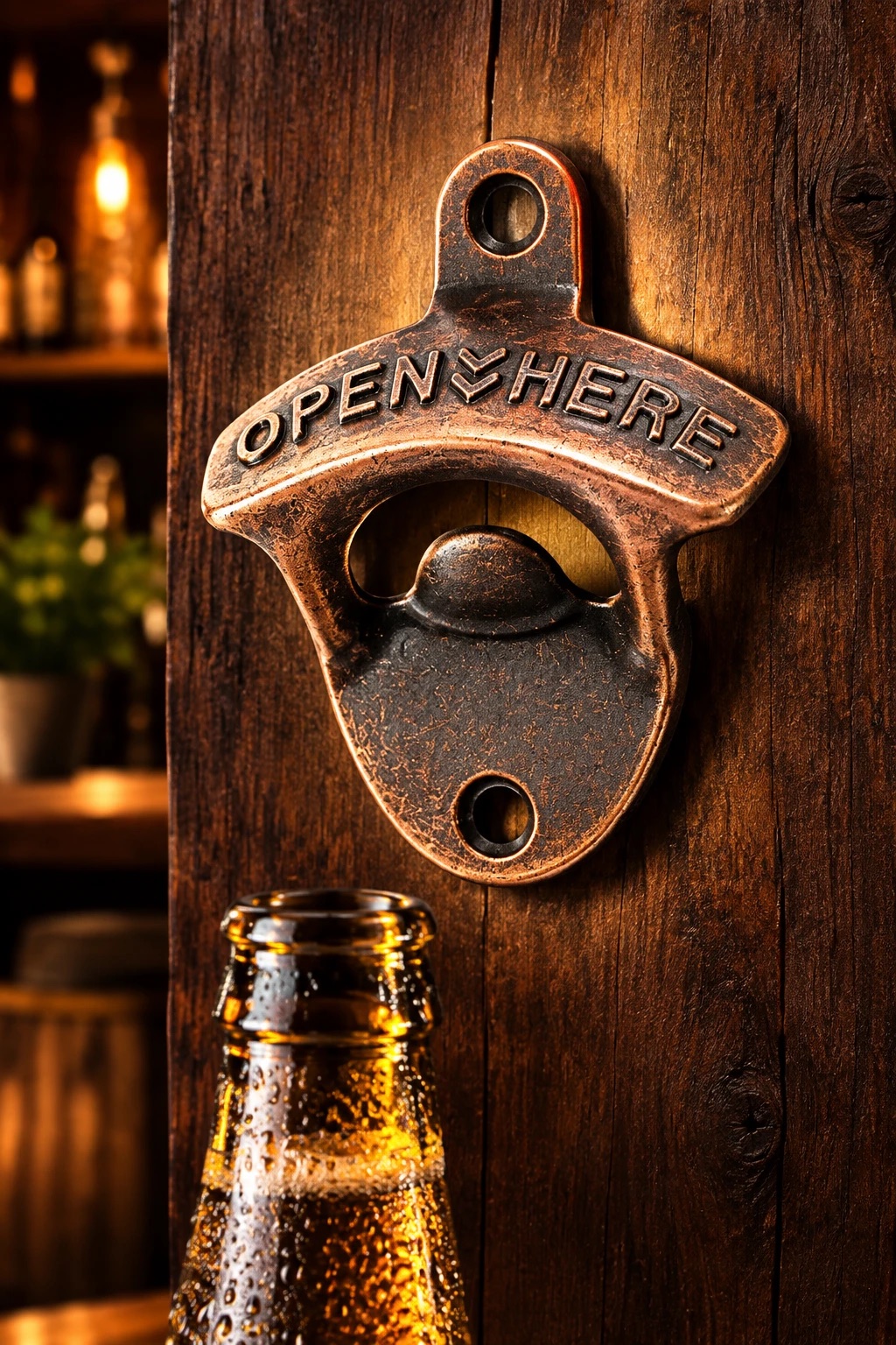 Vintage copper-finish Open Here wall opener screwed to a weathered wooden post above a cold beer