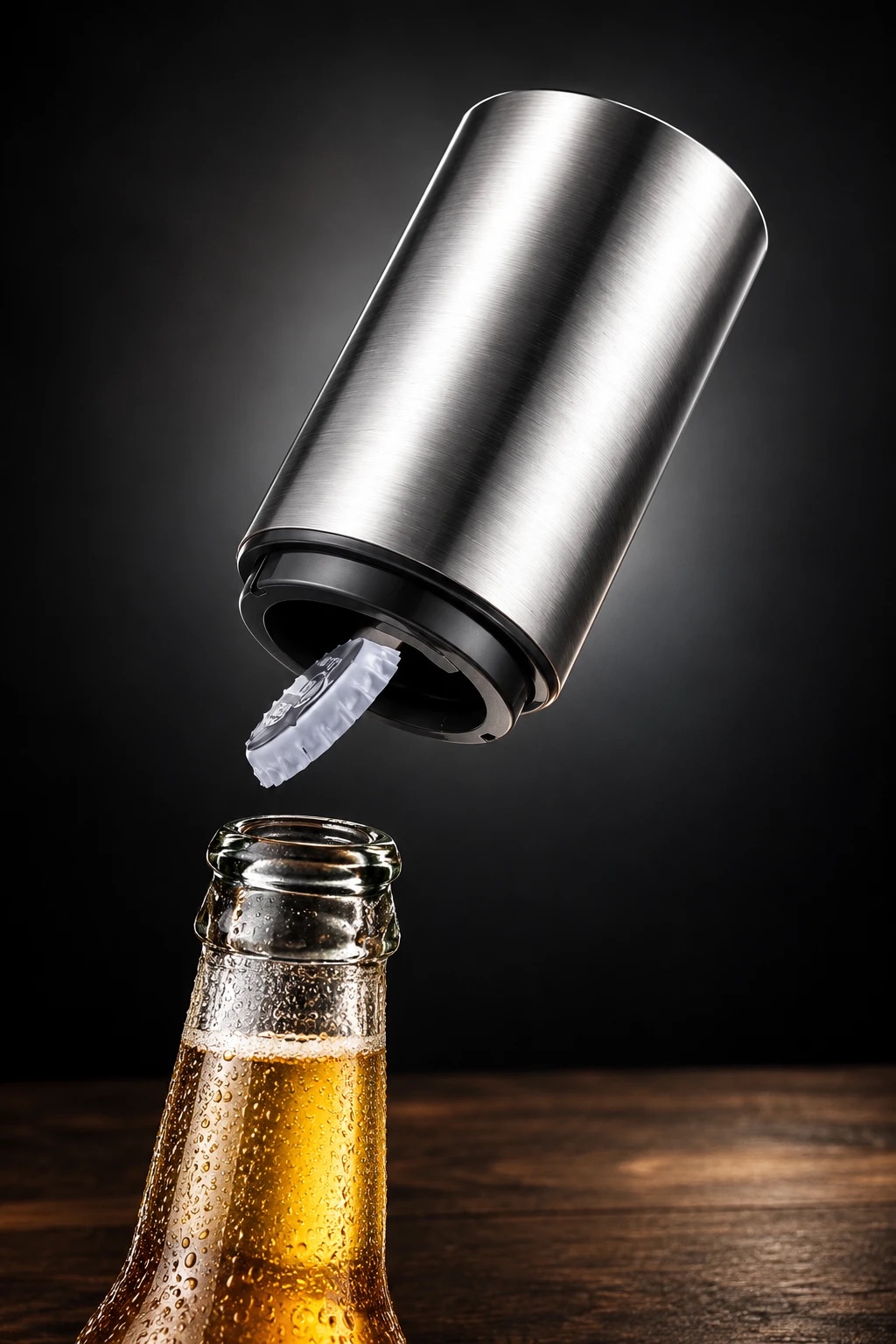 Stainless steel magnetic push-down bottle opener lifting the cap off a cold beer and catching it